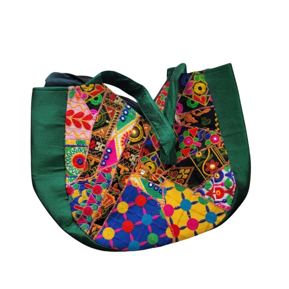 Boho Green Satin Patchwork‎ Tote Bag Embroidered Mirror Work Shoulder Bag Womens